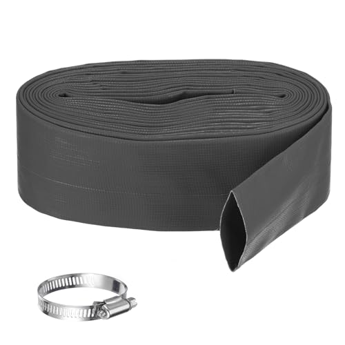 Rebower Pool Backwash Hose, 2 Inch x 25ft Reinforced Drain Hose PVC Lay Flat Water Discharge Pump Hoses for Pool Filter Swimming Pump, with 1pcs Clamps, Black