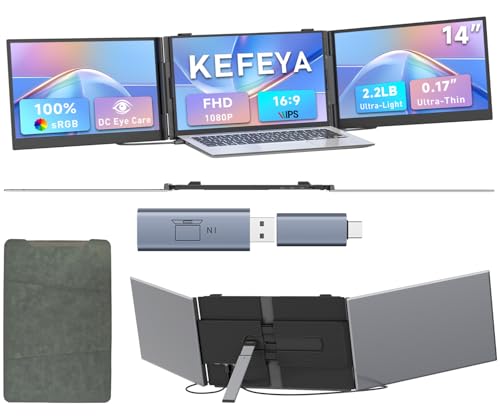 Image of Triple Laptop Screen Extender 0.17 inch Ultra-Thin with H6 Hub, 14 inch 1080P FHD Portable Monitor for Laptops 13-17.3 inch, Laptop Monitor Extender 2.2LB Lightest, USB-C HDMI Plug-Play for Work Travel macOS etc