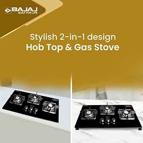 Bajaj Dual Hob Top & Gas Stove 3 Burners8mm Toughened Glasstop Smart