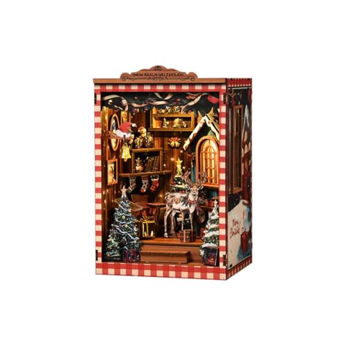 DIY Realm Book Nook Kit - Christmas Themed Miniature Model with LED Lights, 3D Wooden Puzzle Bookends for Adults Creative Building Craft