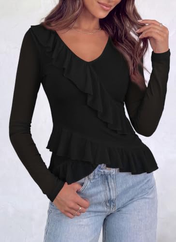 Okiwam Long Sleeve Shirts for Women Ruffle V Neck Y2K Mesh Top,Black,M - image 7