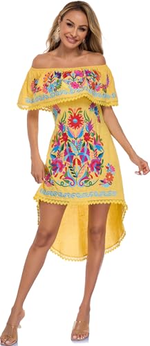 Image of YZXDORWJ Women's Mexican Asymmetrical Dress Embroidered Floral Off-Shoulder Cocktail Latina Fiesta Dress