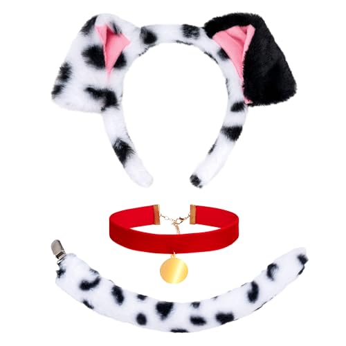 Eybila 3Pcs Dalmatian Dog Costume for Adult Puppy Ears Headband Dog Tail Red Choker School Women Halloween Accessories