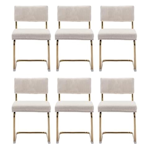 Rhomtree Modern Dining Chairs with Gold Metal Base, Corduroy Fabric Accent Armless Kitchen Chairs with Channel Tufting, Side Chairs for Dining Room Chairs, Living Room, Bedroom (Beige, Set of 6) Cover