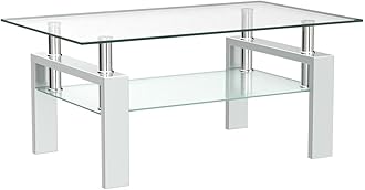 Meihua Glass Coffee Table for Living Room, Modern Coffee Table with Black Tempered Glass Top White