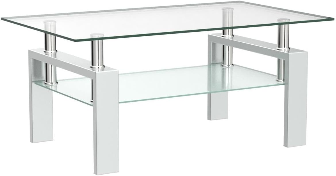 Meihua Glass Coffee Table for Living Room, Modern Coffee Table with Black Tempered Glass Top White