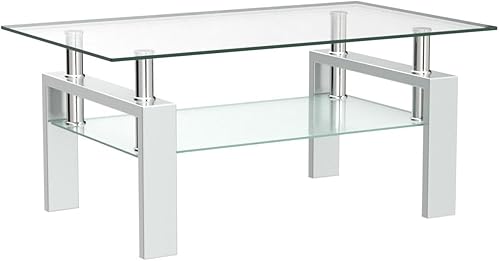 Miniatura 5 de Mesa de café de cristal para sala de estar, mesa de café moderna con tapa de vidrio templado transparente y patas de metal blanco, mesa de té