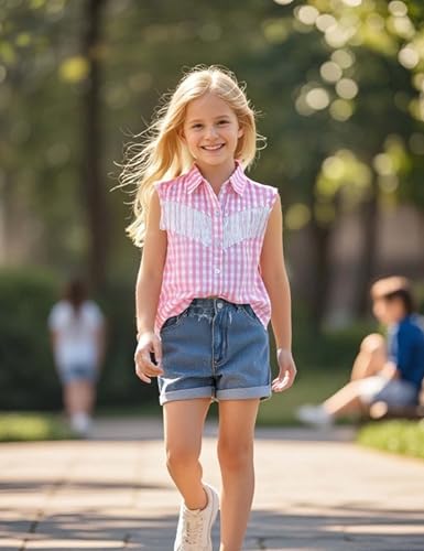 Image of Girls Fringe Shirt Sleeveless Button Down Western Cowgirl Tassel Trim Casual Blouse Shirt Top 4-13Y