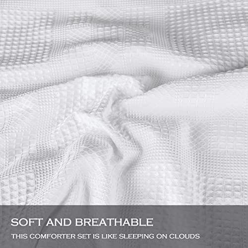 Hig 3 Pieces Textured Waffle Weave Comforter Set With Geometric Jacquard Pattern, Modern Nordic Style Bedding Set For Bedroom, Lightweight Breathable Comforter With 2 Shams, Queen, White (Borya) #TOP5