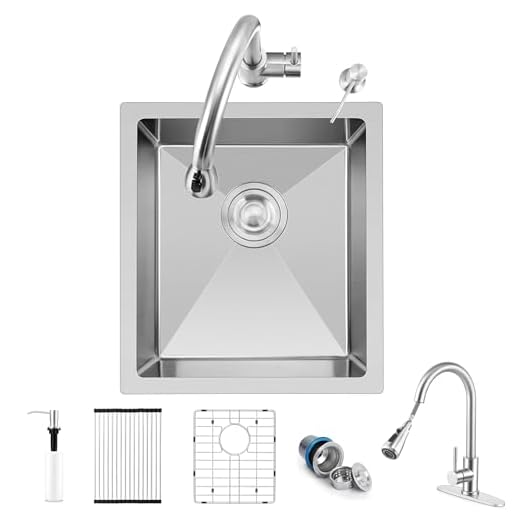 Herogo 15×17 Inch Undermount Kitchen Sink with Faucet Combo, Stainless Steel Utility Rv Bar Sink, Small Outdoor Farmhouse Sink, Laundry Room Deep Single Bowl Sink with Brushed Nickel Kitchen Faucet