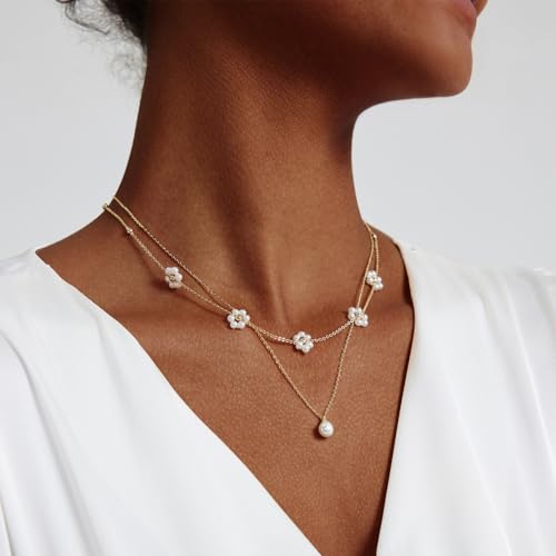 Pearl Necklaces for Women 14K Gold Plated Dainty Layered Single Pearl Necklace Simple Daisy Pearls Choker Cute Gold Necklace Stack Jewelry Sets for Women Trendy Gifts4