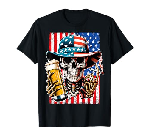 4th of July Shirt for Women Men American Flag Skull Skeleton T-Shirt