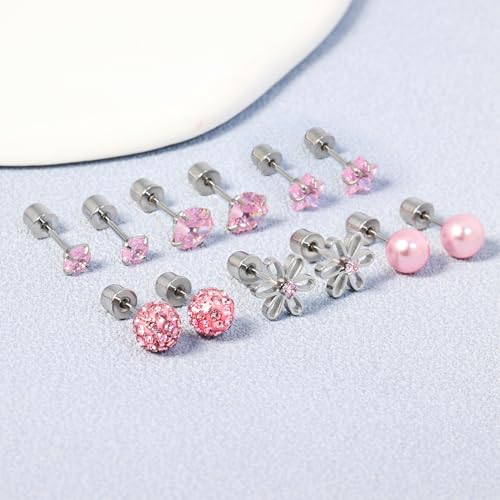 Daili 6 Pair Toddler Earrings,Hypoallergenic Screw Back Earrings For Girls Women,Sensitive Ears With Surgical Stainless Steel Post,Cute Pink Heart Cz Star Flower Pearl Ball Tiny Flat Back Stud Earring thumb #5