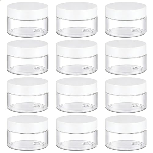 TUZAZO 12 Pack 1 Oz Plastic Jars with White Lids, 1oz Small Plastic Containers with Lids for Cosmetic Makeup Beauty Products, Slime, Sample, Travel, BPA Free | Wide Mouth | Refillable