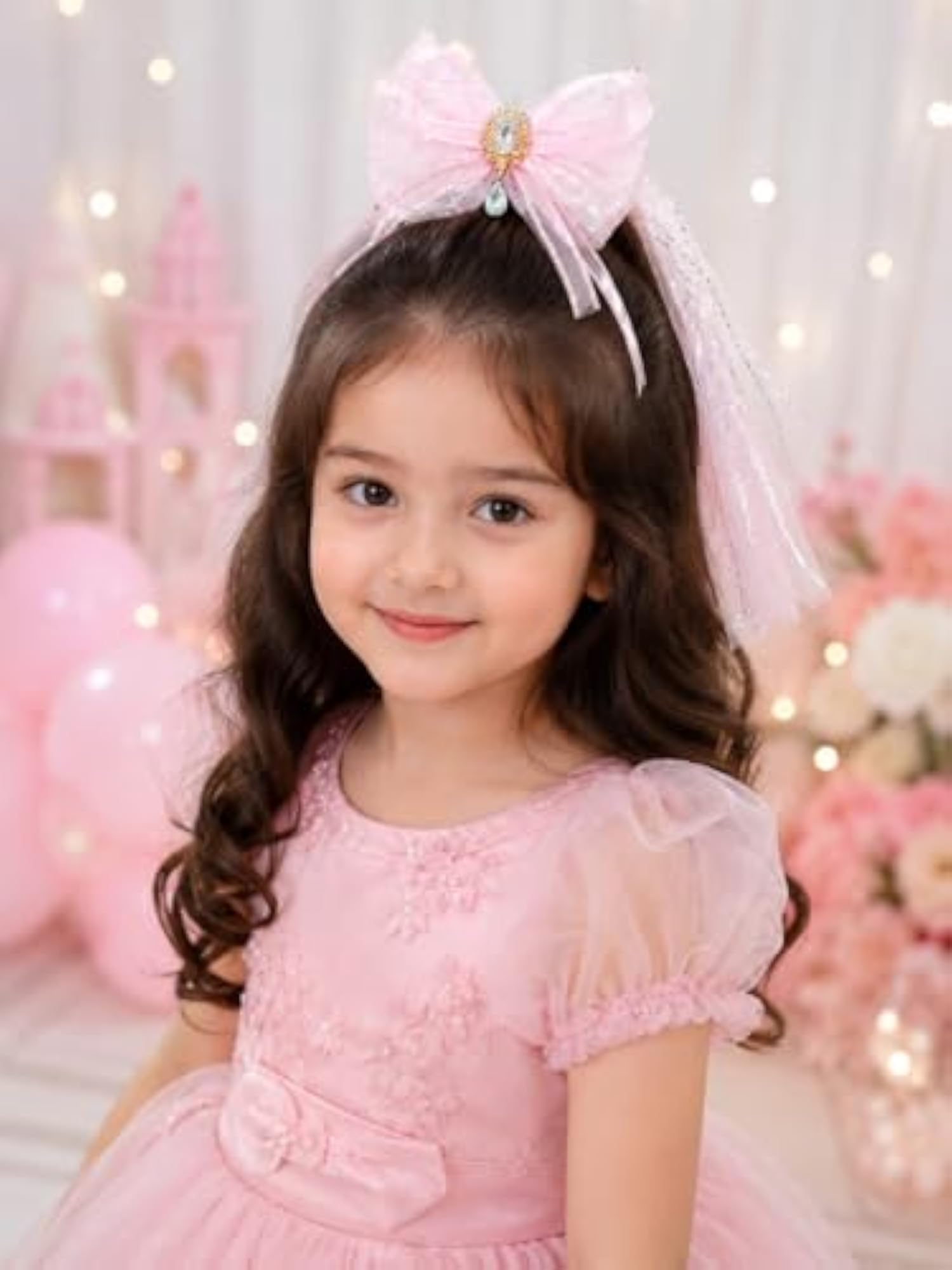 Princess Pink Hair Bow Clip with Long Tassel Ribbon