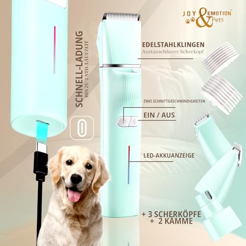 JOY & EMOTION® 6 in 1 Schermaschine für Katzen und kleine Hunde, Hundeschermaschine mit Laser und UV-Licht zur Erkennung von Wunden | Kabellose Tierhaarschneidemaschine | LEISER Pfotentrimmer Hunde
