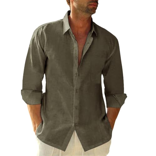 Friptspyg Leinenhemd Herren Langarm Baumwolle Leinen Hemd Herren Freizeithemden Casual Regular Fit Sommerhemd mit Tasche, Olivgrün XL