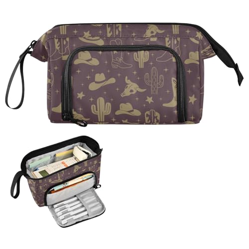 Image of Western Cowboy Dark Brown Pencil Case Pouch Big Capacity Pencil Bag Box Organizer Pen Case with Zipper Pencil Boxes for Girls Boys Adults Women School Office