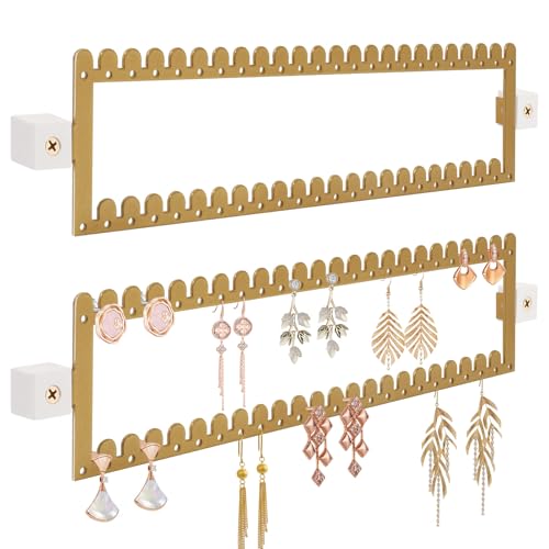 milylove 2 Tier Earring Holder Organizer Wall Mounted 2PCS Metal Earring Display Storage with 96 Holes and 92 Grooves Hanging Jewelry Organizer Tree for Stud/Hoop/Dangle Earrings NecklaceGold