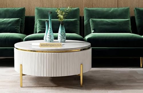 Image of WOODEN SPACE Premium Luxury Nazaara Marble-Top Coffee Table with Iron Legs & PVD Coating | Modern Round Wooden Center Table for Living Room & Entryway