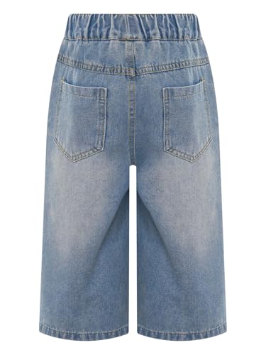 FEESHOW Capri Denim Pants for Girls Straight Wide Leg Cropped Trousers Casual Elastic High Waist Jeans with Pocket4