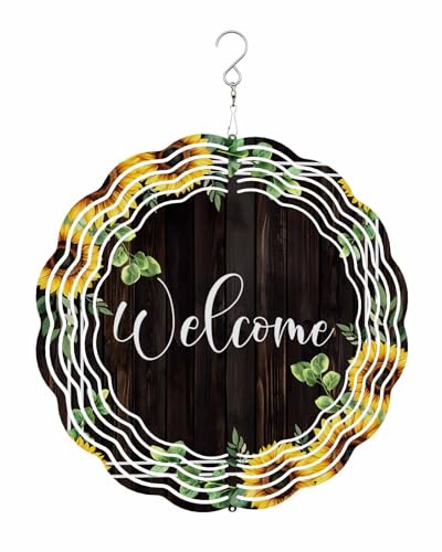 Sunflower Wind Spinners, Eucalyptus Leaves Wood Grain Hanging Wind Spinners for Yard and Garden 3D Stainless Steel Metal Sculptures Crafts Ornaments 10 Inch