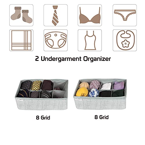 Image of HOKIPO Fabric Undergarment Organizer Storage Box for Drawers Bra Panty Socks Tie Lingerie Organizer for Wardrobe, 8 Grids, Grey,Pack of 2 (IN-334-GRY*2), Clothing