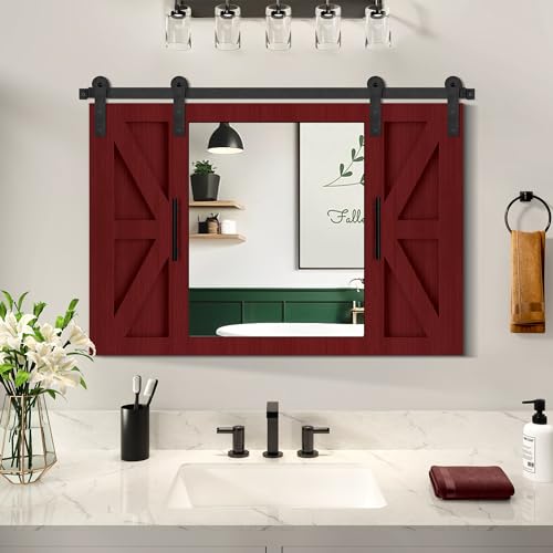 COGOOD Farmhouse Barn Door Mirror 37 x 26 Rustic Wood Framed Mirror Wall Decor for Dining Room Bathroom Living Room Bedroom Decorative Rustic Espresso