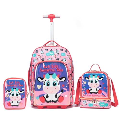 Kit Mochila de Rodinhas + Lancheira + Estojo Vaquinha Infantil Escolar