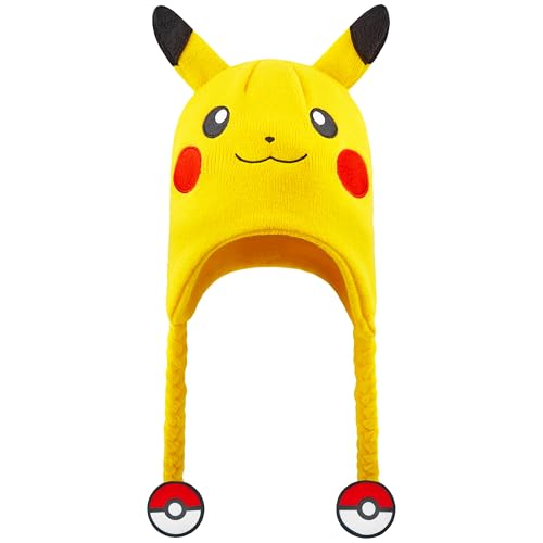 Pokemon Kids Beanie Hat Cozy Knitted Winter Hats One Size - Gifts for Kids (Yellow Pikachu Pokeball)