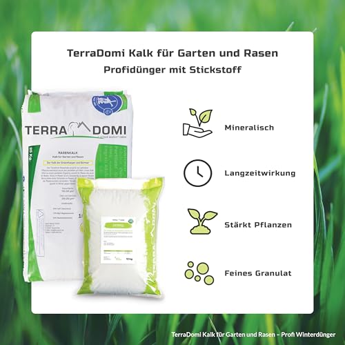 Foto von TerraDomi Rasenkalk & Gartenkalk 25kg | Beugt Moos & Pilzen vor | Zur Erhöhung des pH-Wertes saurer Böden | Für einen gesunden Rasen I Intensiviert die Düngung | Rasendünger für über 250m²