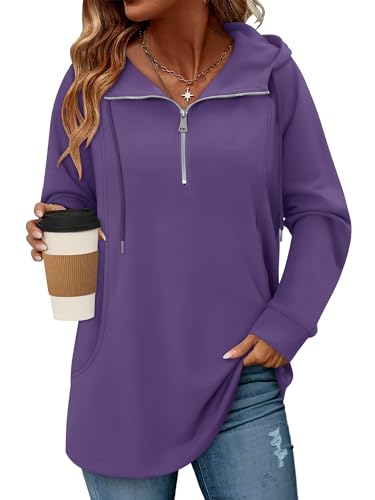 onlypuff Women Hoodie Pullover Trendy Quarter Zipper Lapel Sweatshirts Drawstring Cute Hooded Tunic Tops with Side Pockets