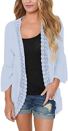 PRETTODAY Women's Summer Kimono Cardigans Ruffle Bell Sleeve Sweaters Lace Cover Up Loose Blouse Tops Light Blue
