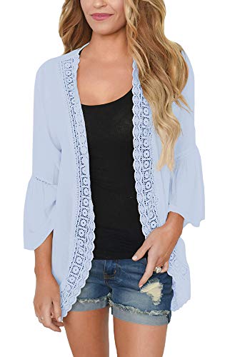 PRETTODAY Women s Summer Kimono Cardigans Ruffle Bell Sleeve Sweaters Lace Cover Up Loose Blouse Tops Light Blue