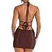 Women's Sexy Halter Hollow Out Knitted Mini Dress Sleeveless Backless Lace Up Bodycon Summer Beach Dress Brown