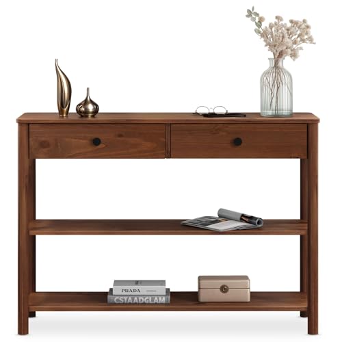 IDIMEX Table Console d'entrée APOANA L 110 cm en Bois Massif Coloris châtaignier avec 2 tiroirs et 2 tablettes, Design Naturel, Table pour Salon
