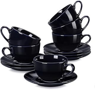 LOVECASA Seria Sweet Filiżanki do kawy, porcelanowe, do espresso, ze spodkami, 230 ml, ciemnoniebieskie, 6 szt.