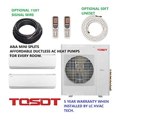TOSOT 2 Zone Mini Split AIR Conditioner Heat Pump 36,000 BTU with 12,000-18,000- BTU Wall Unit 21 SEER Energy Star Toshiba Comp 5 Year Warranty TM36ML205 (50FT LINESETS & SIGNAL WIRE)