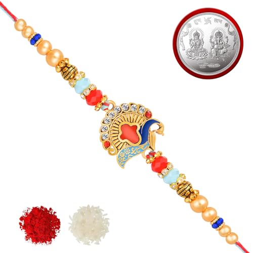 Image of Designer Rakhi (Pack of 1) | 1 Laxmi-Ganesh Coin | Roli-Chawal Pack With Greeting Card | Happy Rakshabandhan | Send Rakhi for Brother /Bhai /Bhaiya /Bhabhi /Kids | Rakhi Gift