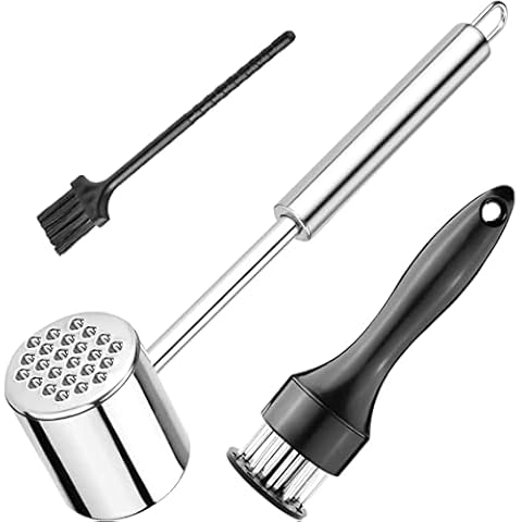 LeKaufen 3-Piece Meat Tenderiser Meat Hammer Set with Meat Tenderiser Cleaning Brush Dishwasher Safe Double-Sided Schnitzel Tenderiser Stainless Steel Ideal for Schnitzel Steaks Chops Cover