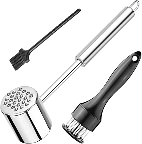 LeKaufen 3tlg. Fleischklopfer Fleischhammer Set, mit Fleischzartmacher Reinigungsbürste Spülmaschinenfest, Doppelseitig Schnitzelklopfer Edelstahl, Ideal für Schnitzel Steaks Koteletts Cover