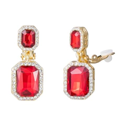 YINLI Austrian Crystal Square Shape Dangle Drop Clip on Earrings for Women(Red) Cover