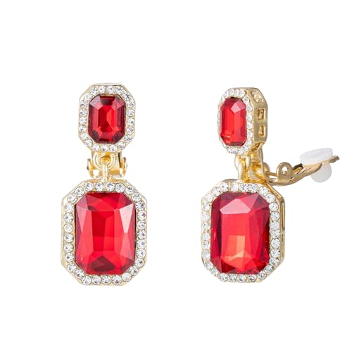 Crystal Square Shape Dangle Drop Clip on Earrings for Women(Red) by YINLI - Used condition - US$7.21