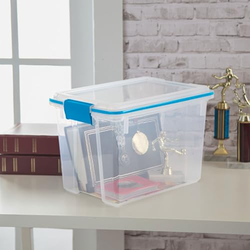 Image of Sterilite Gasket Storage Box with Lids for Home & Office, 20 Quart, 18-Pack | Heavy-Duty, Stackable, and Organizing Containers for Bathroom, Cabinet, Closet, and Garage, Clear and Blue Aquarium Latches