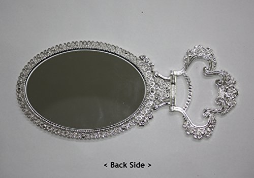 Sehamano Vintage Antique Foldable Embossed Roses & Small Hearts Pattern Makeup Table Mirror, Decorative Oval Shaped Mirror, Antique Vanity Cosmetic Double Sided Metal Frame Mirror (Shiny Silver) #TOP5