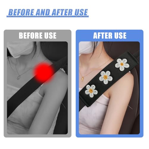 Image of 2PCS Daisy Flower Car Seat Belt Cover Pads, Protect Neck, White | Soft Breathable Auto Seat Shoulder Strap Pad, Comfortable Seatbelt Cushion, Vehicle Interior Decoration for Cars, Trucks