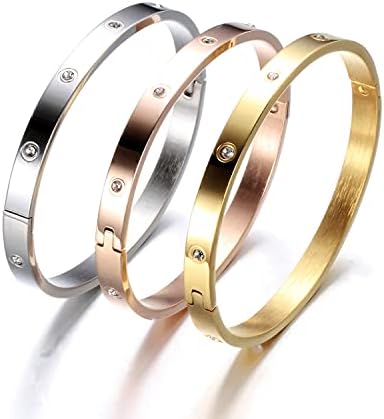 Five Rock Style" Elegant Bracelet Bangles Gift Box, 1 Silver, 1 Gold, 1 Rose Gold, Friendship Jewelry, Stainless Steel Hinged Love Bracelets with Select Cubic Zirconias (22cm)