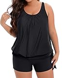 Holipick Black Plus Size Swimsuit for Women Two Piece Tankini Set Tummy Control Bathing Suits Blouson Tankini Top with Boy Shorts 22W