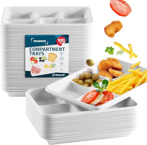Plateaux Alimentaires à 5 Compartiments (100 Pack) 21,6 x 31,5 cm - Service Fête - Canne à Sucre Résistants - Plateaux Biodégradables - Assiettes Jetables...