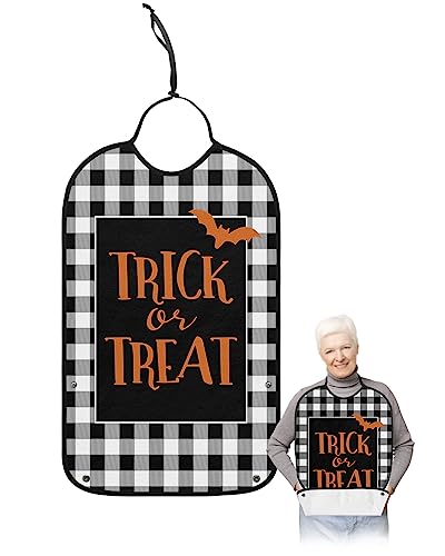 Halloween Adult Bibs for Eating, Waterproof Bibs with Food Catcher & Adjustable Snap Closure, Trick or Treat Black and White Plaid Washable Clothing Protectors Adult Bibs for Elderly Women/Men